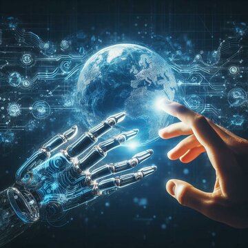 AI, Machine learning, Hands of robot and human touching big data of Global network connection, Internet and digital technology, Science and artificial intelligence digital technologies of futuristic