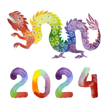 watercolor illustration rainbow dragon 2024. Hand painted New Year card on white background