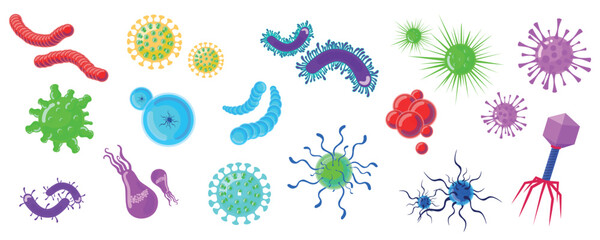 Set of colorful viruses, germs, bacteria and bacilli in cartoon style. Vector illustration of different types of viruses, bacteria, bacilli, germs that cause diseases on background. Microorganisms. - obrazy, fototapety, plakaty