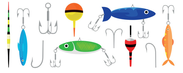 Set of different fishing tools in a cartoon style. Vector illustration of colorful fishing tools: rod, spinner, wobbler, fishing hooks, floats. Lures for fishing. - obrazy, fototapety, plakaty