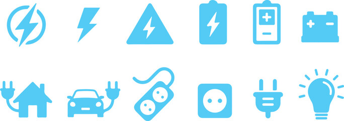Pixel perfect icon set of electricity, battery, electric vehicle, high voltage, green energy. Thin line icons, simple flat design vector illustrations. Isolated on white, transparent background
