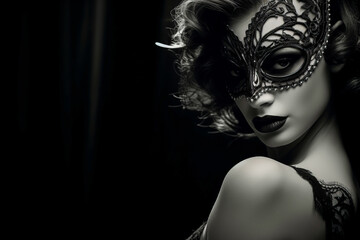 Glamorous woman in lace mask, black and white, suggesting sensual anonymity.