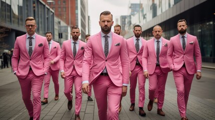 
A gathering of men dressed in pink suits on a city street. This imagery paints a vibrant and distinctive scene.
