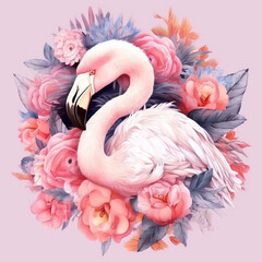 pink flamingos surrounded by flowers, generative ai