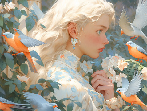 Profile of a gorgeous young blond woman in a vintage patterned dress, clear eyes, among birds, flowers and plant leaves. Poetic art, enigmatic and mysterious portrait. Digital illustration as painting