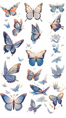 Butterflies in different angles on a white background