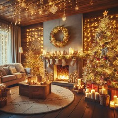 Fototapeta na wymiar Beautifully decorated living room on the occasion of New Year and Christmas holidays. decorating trees and homes with lights and ornaments, rooms with Christmas trees and fireplace