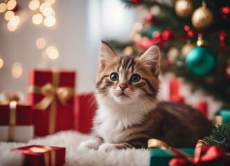 A kitten in a Santa Claus hat and a bow on his neck sits under the New Year's tree among New Year's gifts