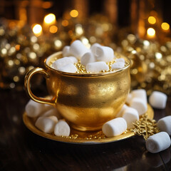 Obraz na płótnie Canvas gold marshmallows in a steamy cup of hot cocoa