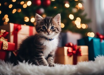 A kitten in a Santa Claus hat and a bow on his neck sits under the New Year's tree among New Year's gifts