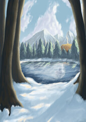 Ilustración de paisaje en invierno con montañas y cielo nublado de fondo, con cabaña entre pinos, nieve y un lago, paisaje navideño, diciembre 