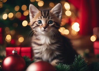 A kitten in a Santa Claus hat and a bow on his neck sits under the New Year's tree among New Year's gifts