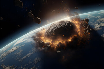 Impact of an asteroid from space destroying planet earth - obrazy, fototapety, plakaty