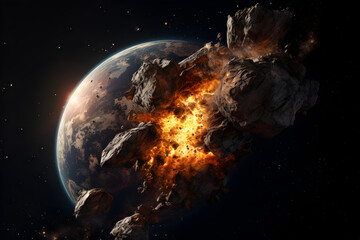 Impact of an asteroid from space destroying planet earth