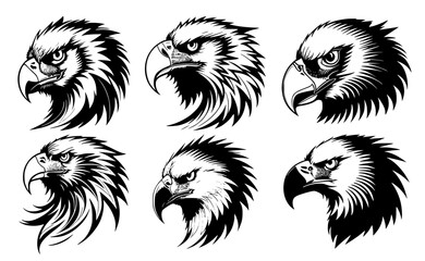 Set of eagle heads with big beaks, side view. Symbols for tattoo, emblem or logo, isolated on a white background.