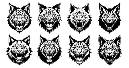 Set of lynx heads with open mouth and bared fangs, with different angry expressions of the muzzle. Symbols for tattoo, emblem or logo, isolated on a white background. © Aleksei Solovev
