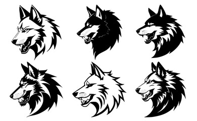 Fototapeta premium Set of wolf heads with open mouth and bared fangs, with different angry expressions of the muzzle. Symbols for tattoo, emblem or logo, isolated on a white background.