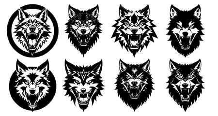 Set of wolf heads with open mouth and bared fangs, with different angry expressions of the muzzle. Symbols for tattoo, emblem or logo, isolated on a white background. - obrazy, fototapety, plakaty