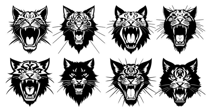 Set of cat heads with open mouth and bared fangs, with different angry expressions of the muzzle. Symbols for tattoo, emblem or logo, isolated on a white background.
