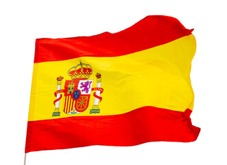 Flag of Spain waving in wind on flagpole against sky. Isolated over white background