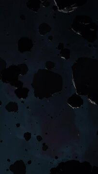 Asteroid belt field in dark outer space. 3D animation wide pan shot. Rock formations of cosmic debris and giant Meteorites. Celestial objects on starry stars background with dust nebula haze low light