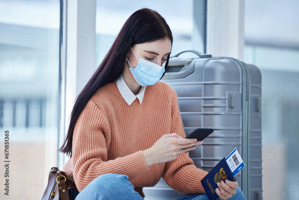 Poster Passport, phone and covid woman travel at airport with mask, for holiday and trip. Female, check flight cancellation schedule online and with protection against coronavirus or traveling restriction