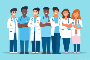 Healthcare workers stood together as a team. Doctor and nurse group illustration