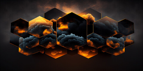 Hexagonal Harmony: Black, Gold, and Atmospheric Clouds
