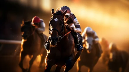 Foto auf Acrylglas Jockey rides horse in horse racing on blurred motion sunset © BeautyStock