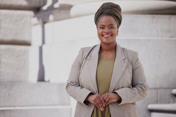 Happiness, lawyer and black woman in city with confidence or vision for empowerment. Portrait,...