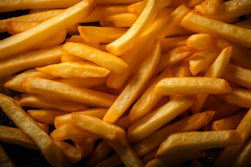 Appetizing image with a pile of crispy french fries neatly arranged on a plate. Chips