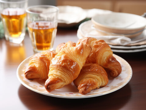 Plate with tasty croissants on table, closeup, morning breakfast with croissant