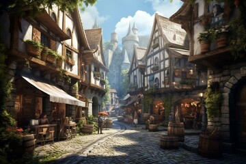 Fototapeta na wymiar Picturesque medieval town on a bustling street. Generative AI