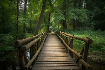 A scenic wooden bridge amidst trees and greenery in a forest with a narrow channel beneath it. Generative AI