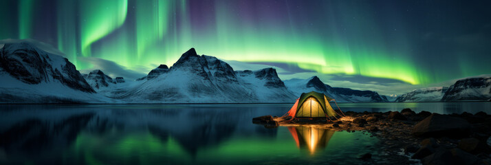 A camping tent glowing under the northern lights, Aurora Borealis. Travel and adventure - obrazy, fototapety, plakaty