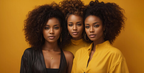 Beauty styled studio shot of three African - American women wearing yellow and gray clothing on yellow background - obrazy, fototapety, plakaty
