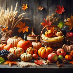 Happy Thanksgiving. Pumpkins with fruits and falling leaves on rustic wooden table