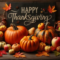 Happy Thanksgiving. Pumpkins with fruits and falling leaves on rustic wooden table