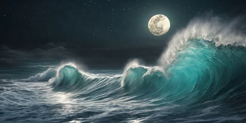 Fotobehang Giant ocean surf wave at night. Seascape illustration with night stormy sea, turquoise water with white foam and splashes, moon and starry sky. Generative AI © Aleksei Solovev