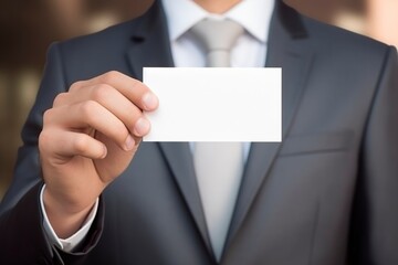 businessman dressed in white with a gray card in his hands
