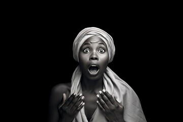 young african woman with surprised expression on her face