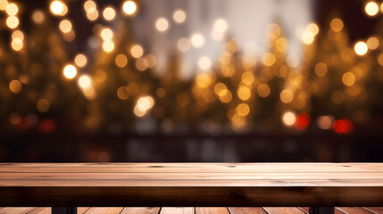 Christmas themed tabletop with empty wooden surface illuminated by abstract warm Christmas lights on fir trees creating a bokeh effect in the background. mockup 