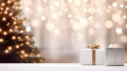 Fototapeta na wymiar Christmas empty white wooden table top on background of decorated Christmas tree with golden decorations with bokeh lights,stars and Christmas gifts. Festive layout in gold color for installation.