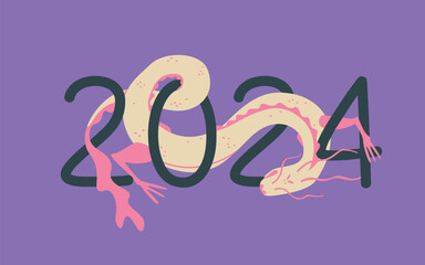 Obraz premium Symbol of 2024 Chinese calendar is dragon. Handwritten numbers 2024 and dragon curling around them. Vector isolated illustration for design.