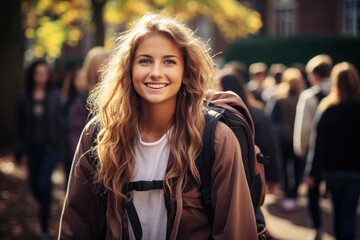 Fototapeta premium Group of student friends leaving university. Generative AI