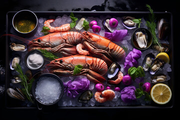 Asian spicy seafood on black background, grilled shrimp with lemon. boiling pot of seafood pasta...