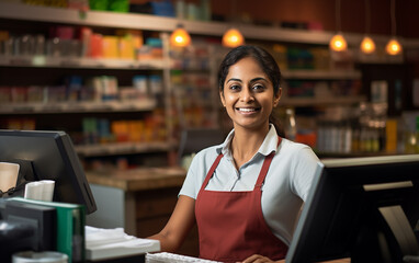 Indian smiling woman working as a cashier in the store - obrazy, fototapety, plakaty