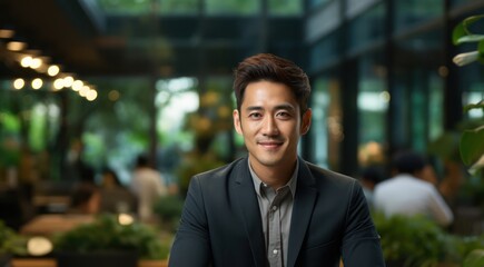 Obraz premium Asian Man Receptionist Job Professional Setting Generative AI