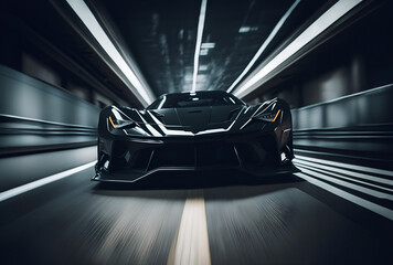 Speeding supercar in tunnel. Black acing sport car moving at high speed