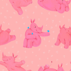 Obraz na płótnie Canvas Cute pink rhino pattern. Chubby rhinoceroses on pink background and little white hearts. Perfect for wallpaper in girl's room, bedding, pajamas, textile design